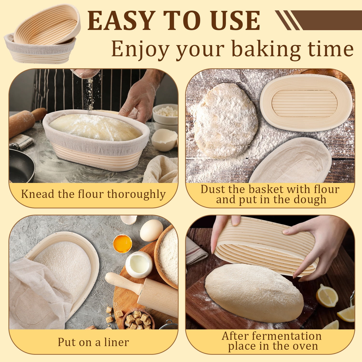Vesteel Bread Proofing Basket Set of 2, 10 inch Oval Banneton Bread Baking Baskets with Liner, Baking Supplies Tools Included for Fermenting Baking Dough