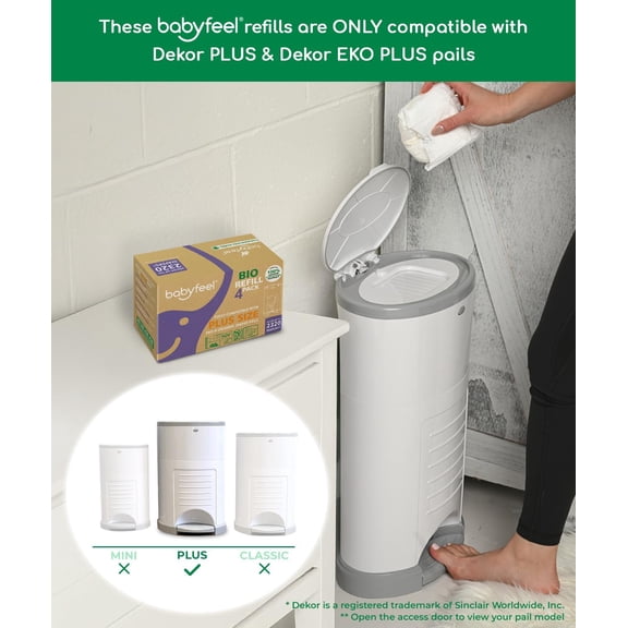 BIO Refills Compatible with DEKOR PLUS Diaper Pails | 100% Compostable | 4 Pack | 50% Extra Thickness | Compost Refill bags with Running Low Indicator | Powerful Odor Control | Fragrance-free