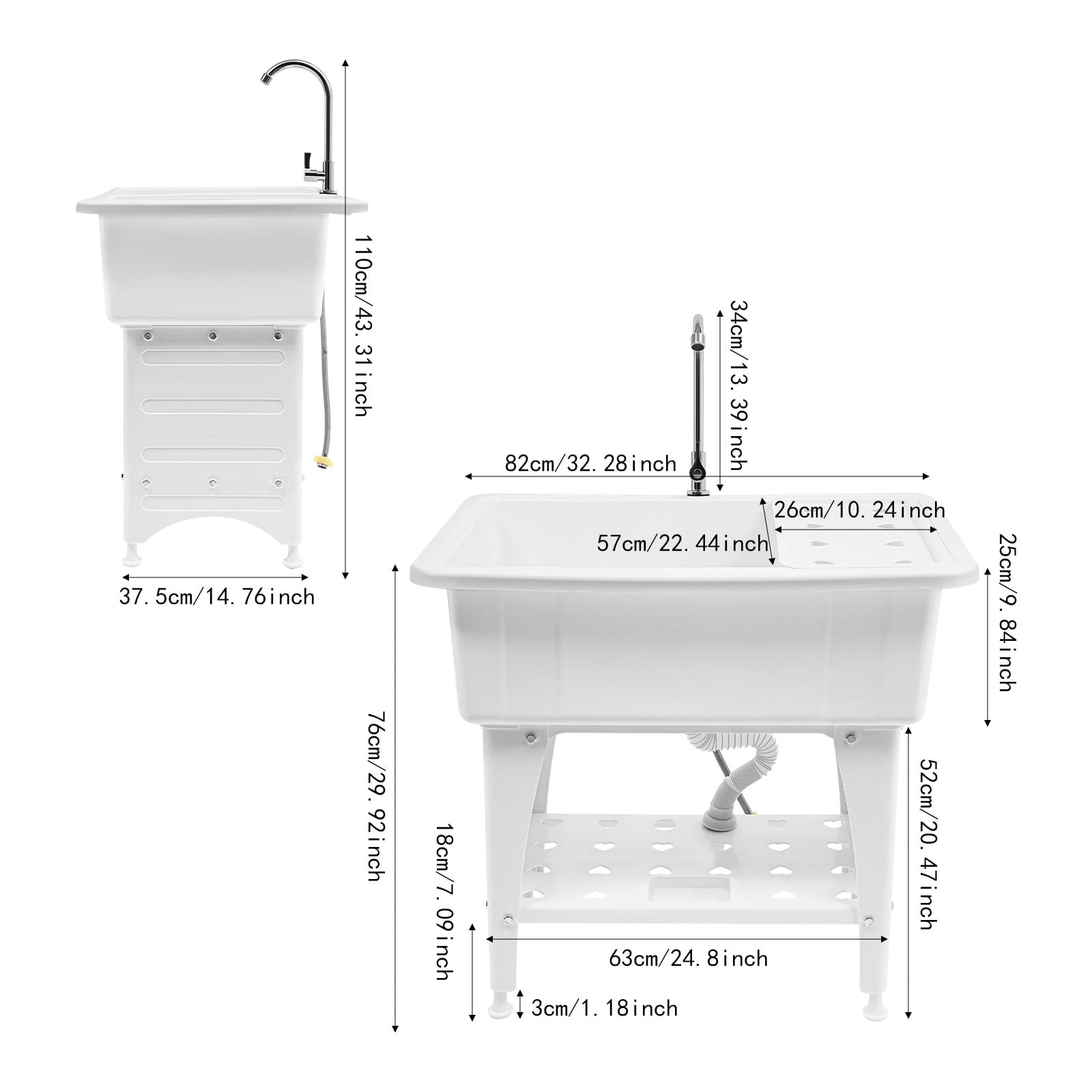 Laundry Sink Utility Tub 220.46 lbs Capacity 37.5*110cm for Washing Room Freestanding Adjustable Foot Height