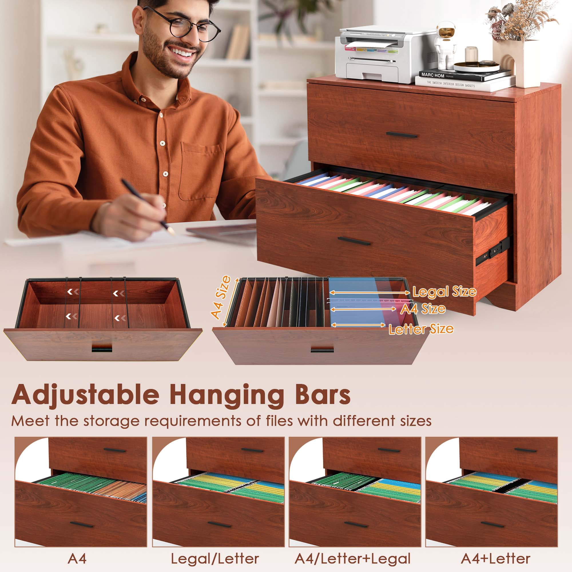 Costway 2-Drawer Wood Lateral File Cabinet with Adjustable Bars for Home Office Walnut