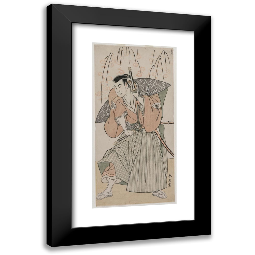 Katsukawa Shun ei 14x24 Black Modern Framed Museum Art Print Titled - Onoe Matsusuke I as a Samurai Standing Beneath a Cherry Tree (Late 1780s)