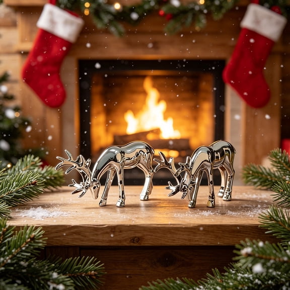 European-style Imitation Metal Deer Statue Set of 2 – Antique Finish Desktop Sculpture for Entryway Porch Garden Shelf Decor