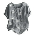 thumbnail image 4 of CHOK Hauts d'Été pour Femmes Tendance Lin Coton Confortable Manches Courtes Chemises Habillées Blouses Col Rond Hauts d'Été 2024 Imprimé Floral T-Shirts Décontractés Tunique Plus, 4 of 4