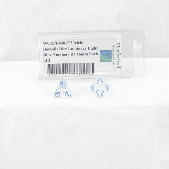 Icicle Borealis Dice Luminary with Light Blue Numbers D4 Aprox 16mm (5/8in) Pack of 2 Wondertrail