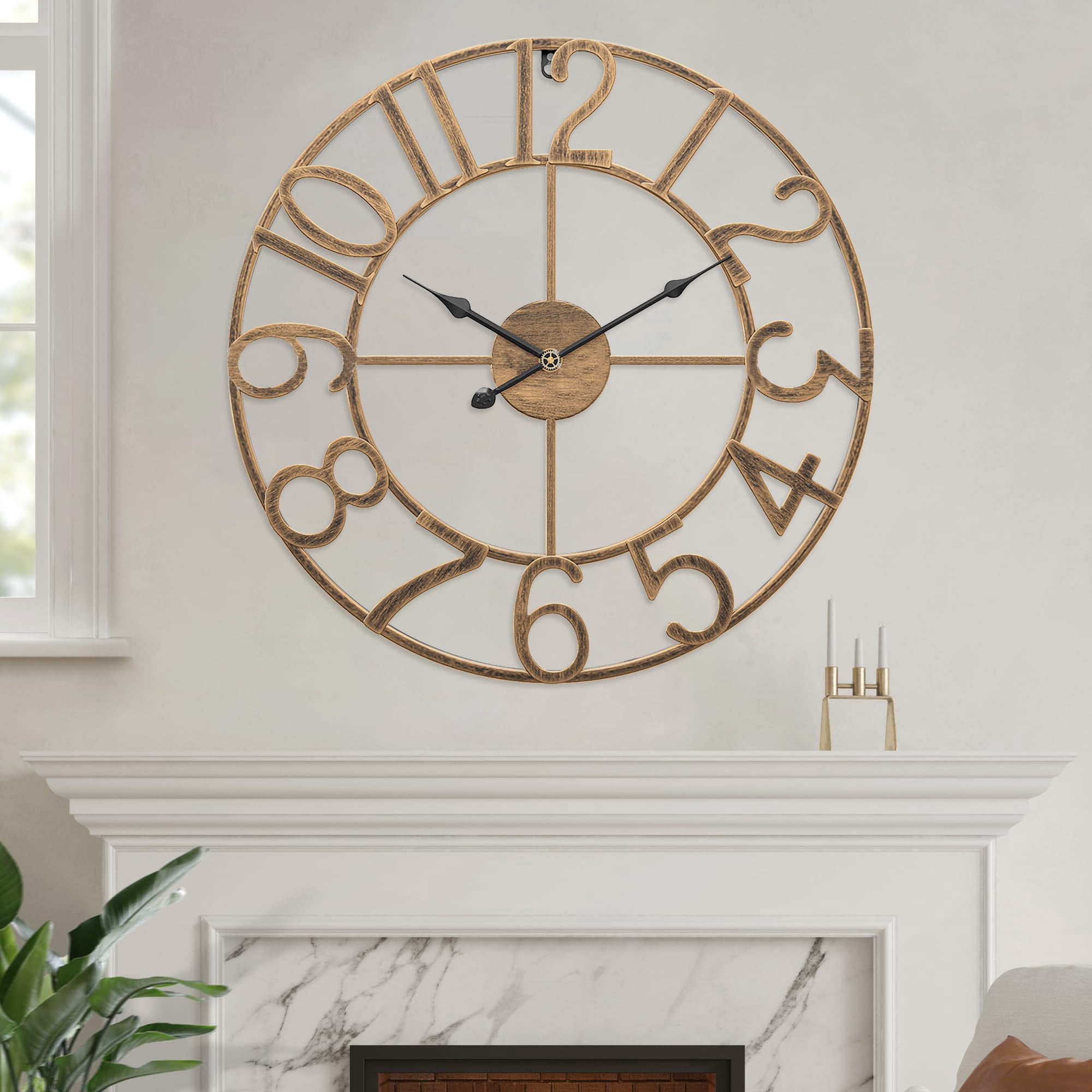 Arsvita Wall Clock, 16" Silent Non-Ticking, Battery Operated, Oversized, Decorative Retro Gold Metal Clock for Living Room,Farmhouse, Dinner Room,Indoor, Outdoor Decor(40cm, Gold Arabic Number)
