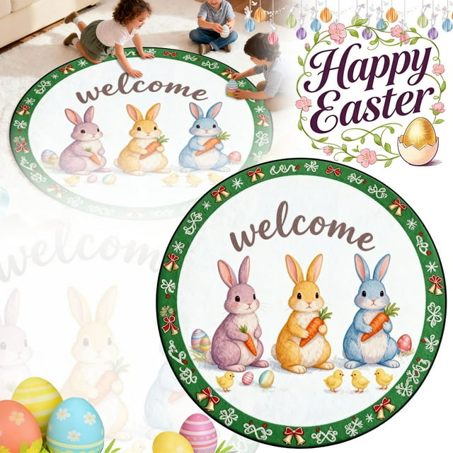 Round Easter Bunny Welcome Mat for Indoor Use - Absorbent Non Durable Polyester Rug with Cute Rabbit Print Round Shape Ideal for Living Room and Entry 40/60/80 cm
