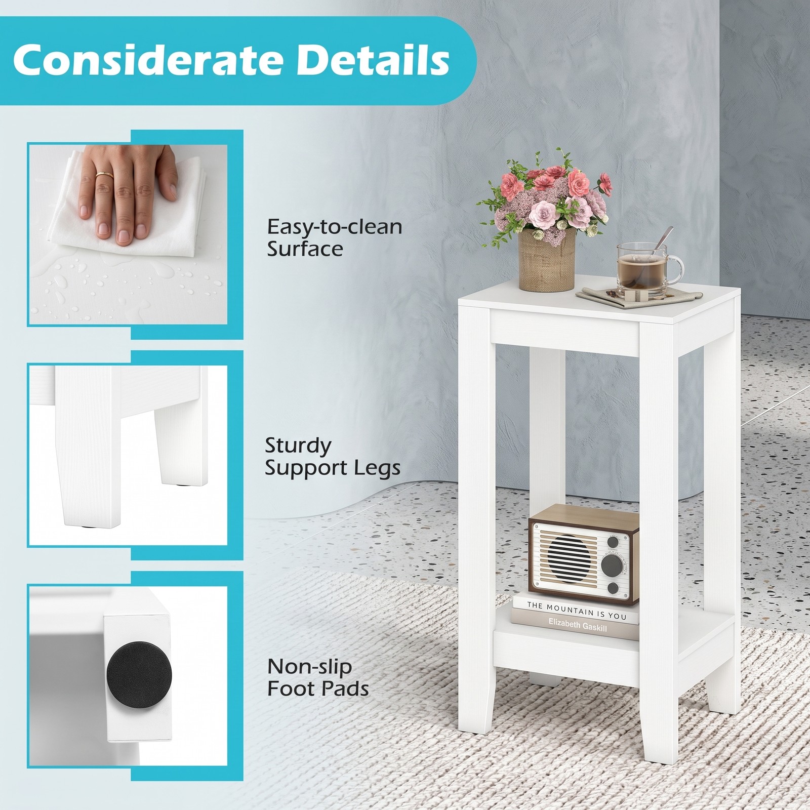 Furnibear 2-Tier Nightstand End Side Table with Wooden Legs and Storage Shelf for Bedroom Living Room Sofa Side, Anti-Toppling Narrow Bedside Accent Table, White