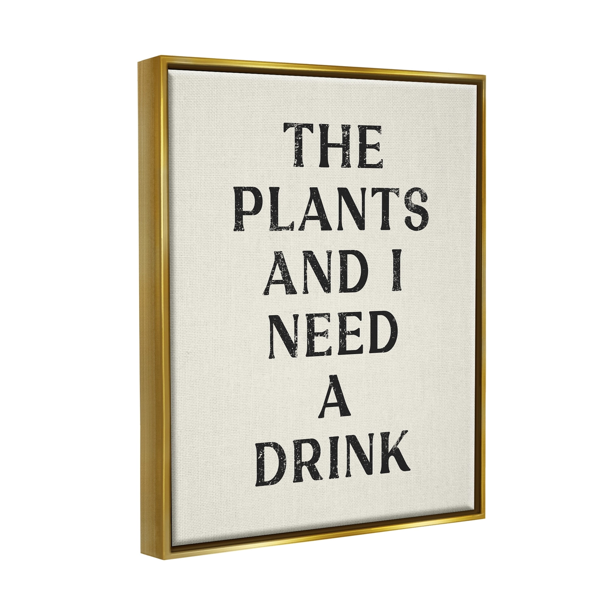 Stupell Industries Need a Drink Humorous Plant Parent Weathered Text Metallic Gold Framed Floating Canvas Wall Art, 24x30, by Lil' Rue