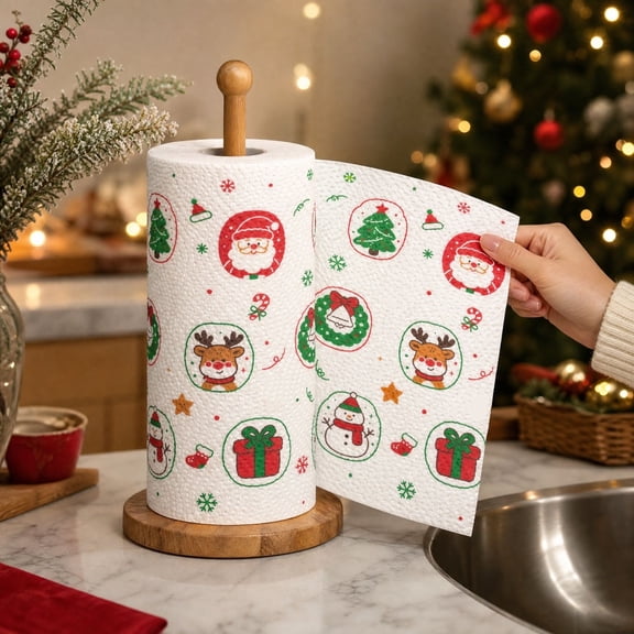 Christmas Paper Towels, 9.1"x3.5"x3.5", Thick & Strong Absorbent, Holiday Santa Claus Reindeer Printed Paper Towels, Kitchen Roll for Festive Cleaning, 40 sheets per roll