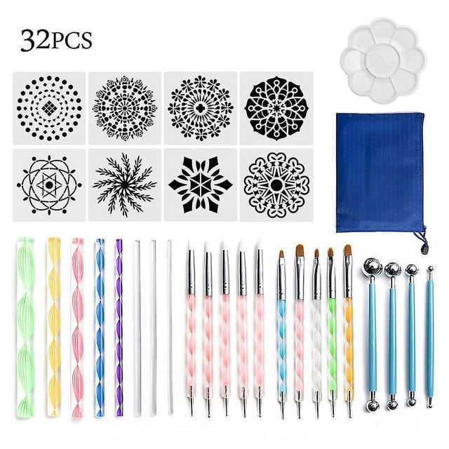 Herramientas de punteado, juego de herramientas de pintura de puntos de 32 piezas, suministros de pintura de roca con una bolsa de almacenamiento impermeable con cremallera azul para pintar