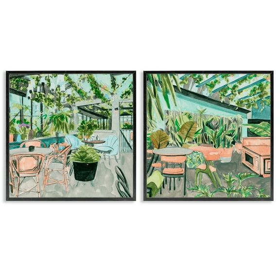 Stupell Industries Plant Filled Café Views Furniture Painting Black Framed Art Print Wall Art, 12 x 12, Set of 2