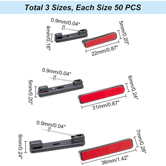 1box 150pcs Self-Adhesive Safety Pin Bars 3 Sizes Badge Pin Backs Black Adhesive Safety Pins Back Brooch Badge Bar Pins Name Tag Pins for Name Tags ID Badges Ribbons Flowers Crafting Parts