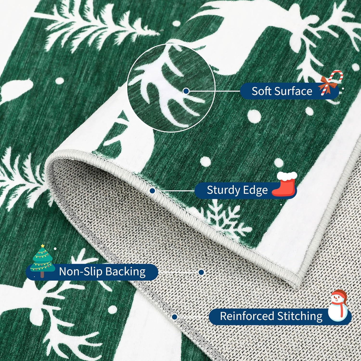 Garvee 9x12 ft Christmas Rug, Washable Non Slip Low Pile Carpet, Xmas Tree Reindeer Snowflake Indoor Rug for Entryway, Kitchen, Living Room, Green
