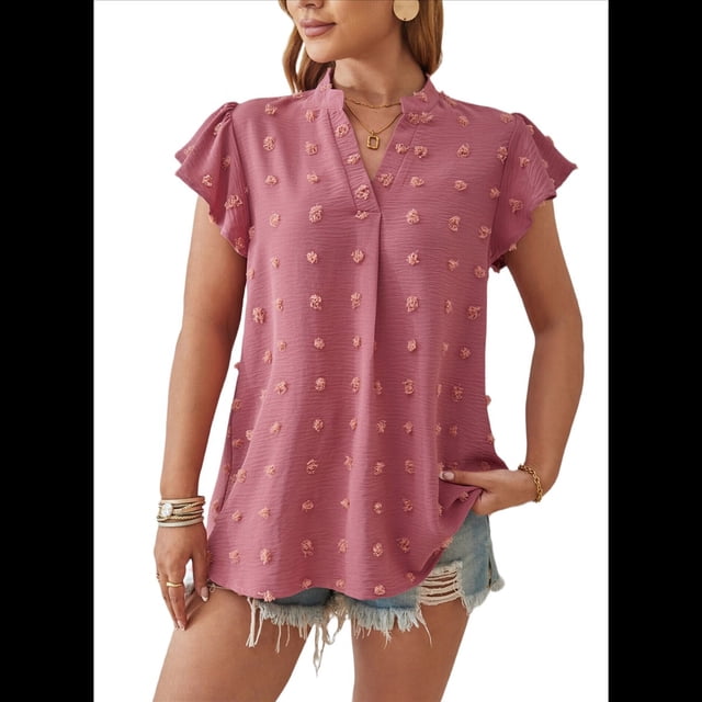 Blusa de Verano 2025 para Mujer, con Cuello en V, Volantes, Corta, Lunares, Holgada, Color Rosa, Talla S