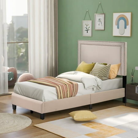 Euroco Twin Pine Wood Upholstered Bed for Kids, Beige