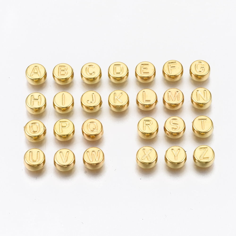 CCB Plastic Beads Horizontal Hole Flat Round with Letter Golden 7x4mm Hole: 1.8mm about 3300pcs/500g