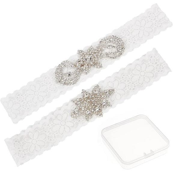 1 set Lace Elastic Bridal Garters with Rhinestone and Flower Pattern Wedding Garment Accessories White 1-1/8 inch(30mm)