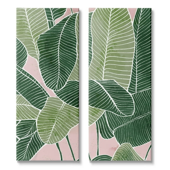 Contemporary Jungle Vegetation Leaves Botanical & Floral Graphic Art Gallery Wrapped Canvas Print Wall Art, Set of 2