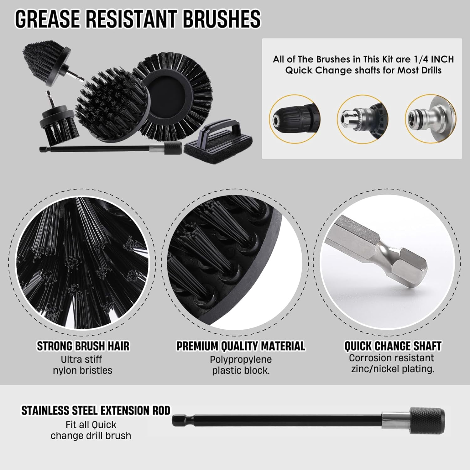 6 Piece BBQ Grill Cleaning Brush Ultra Stiff Drill Powered Brushes Nylon Safe Bristle Rust Remover Gift for Dad Cleaner Outdoor (Black)