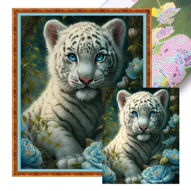 Kit Punto Cruz Tigre Floreciente Bordado Algodón Ecológico 11CT 50x60cm