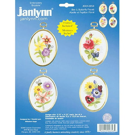 Bee & Butterfly Florals Embroidery Kits - Set Of 4-3-1/4"X4-1/4" Stitched In Floss