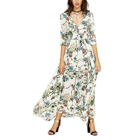 Qiylii Female Bohemian Dress, Summer Flower Print V-Neck Short Sleeve One-Piece Beach Wear Dress for Ladies, S/M/L/XL/XXL