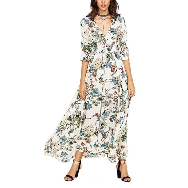 SAYOO Vestido bohemio femenino, estampado de flores de verano con cuello en V corto / media manga de una pieza para damas, S / M / L / XL / XXL SAYOO moda