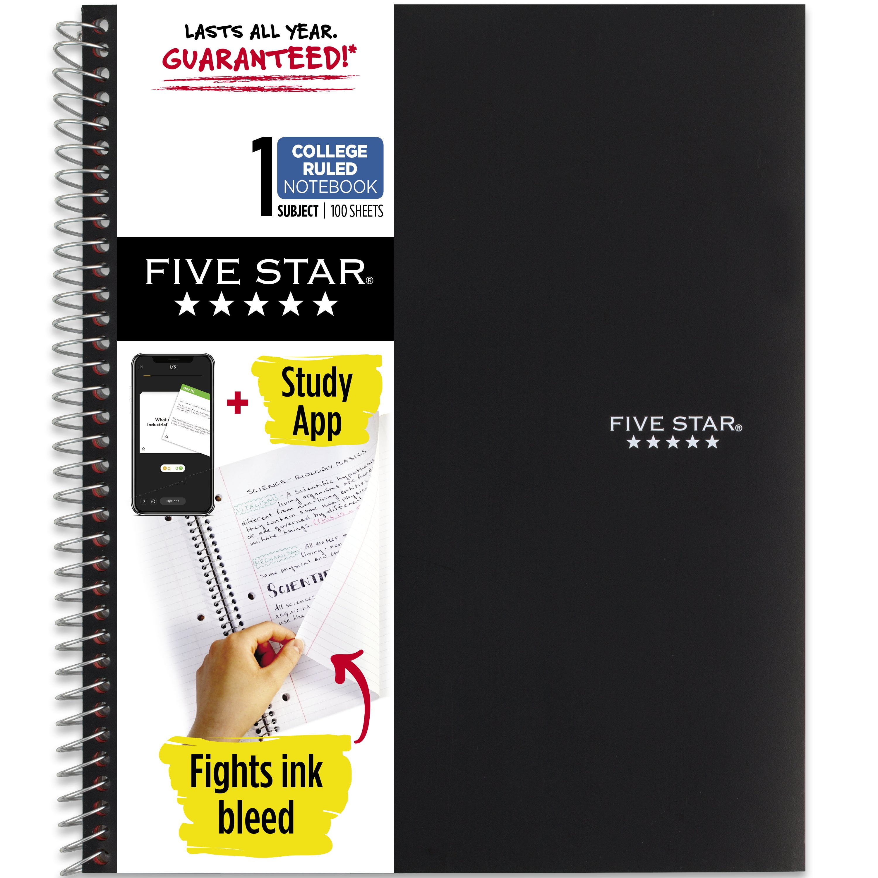 Five Star Wirebound Notebook Plus Study App, 1 Subject, College Ruled, 8 1/2" x 11", Black (11123)