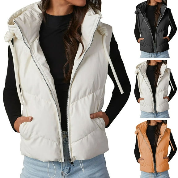 Hvyesh Puffer Vest for Women Warm Sleeveless Coat Zip Up Hooded Outerwear Lightweight Winter Padded Gilet Jacket with Pockets White