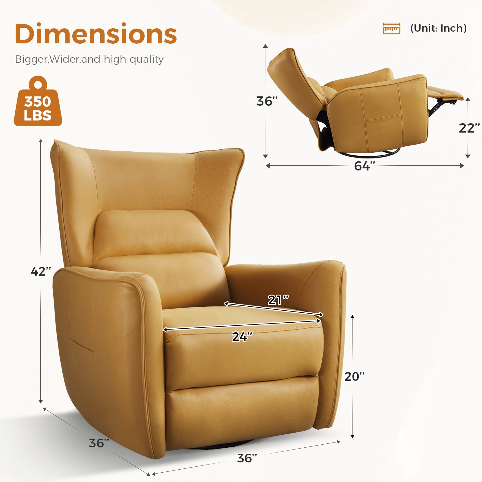 Bonzy Home Swivel Rocker Recliner Power Electric Recliners with Highly Enveloping Backrest Rocking Recliner Chair Leathaire Reclining Sofa for Living Room, Yellow