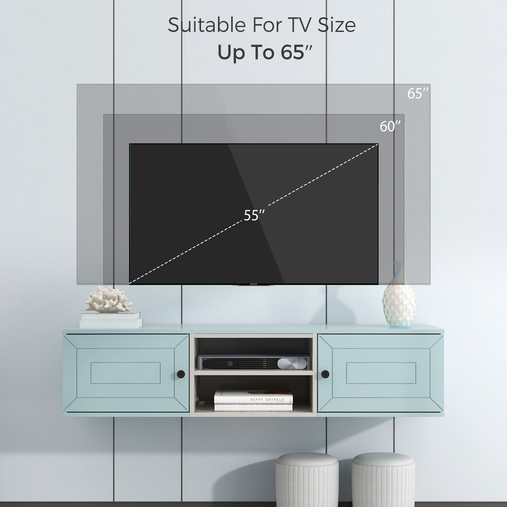 Resenkos Floating TV Stand Wall Mounted with Adjustable shelves, Modern High Gloss Entertainment Center for 70Inch TVs, Blue Resenkos Floating TV Stand Wall Mounted with Adjustable shelves, Modern High Gloss Entertainment Center for 70Inch TVs, Blue