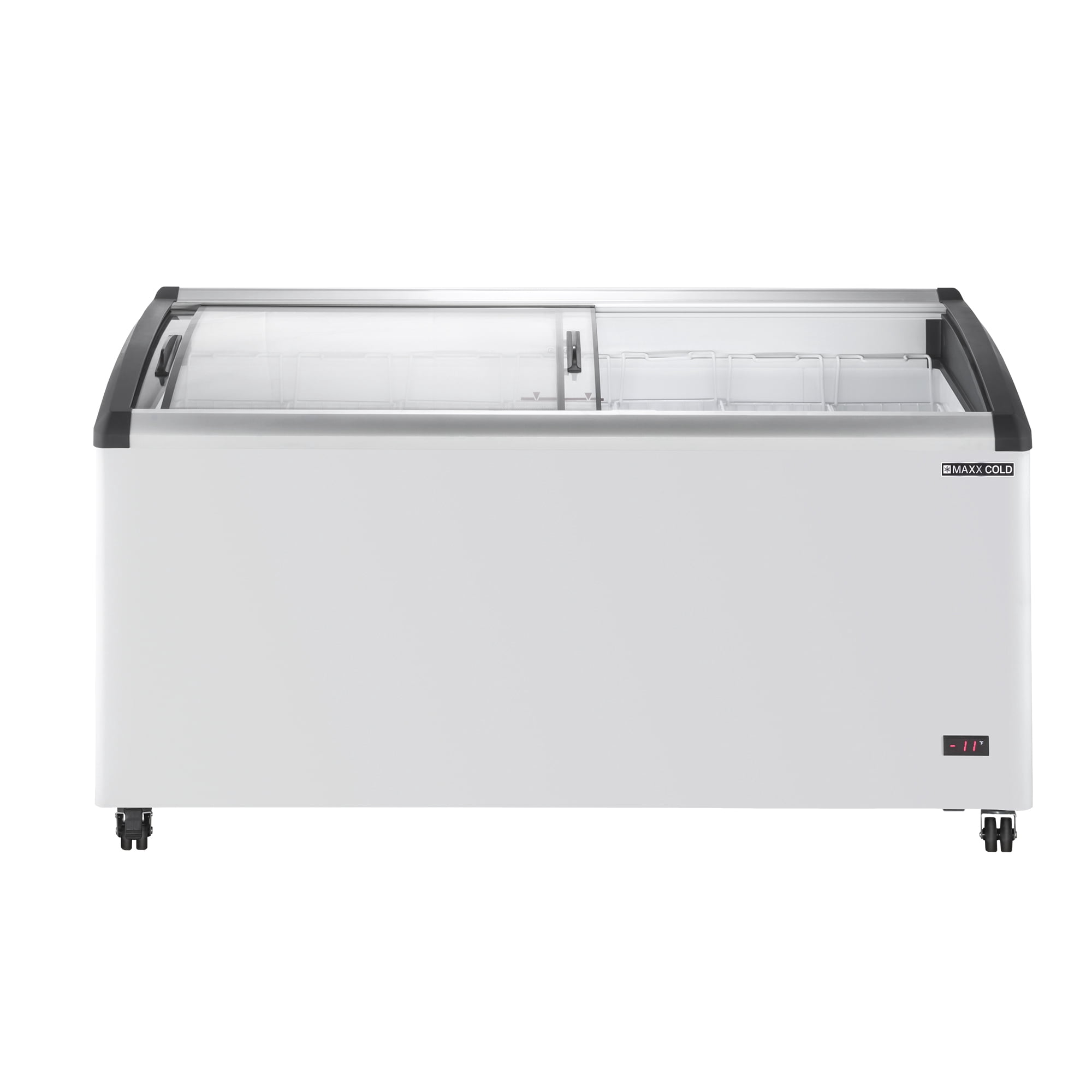 Maxx Cold Curved Glass Top Chest Freezer Display, 63.4"W, 12.36 cu. ft. Storage Capacity, Equipped with (7) Wire Baskets, in White (MXF64CHC-7)