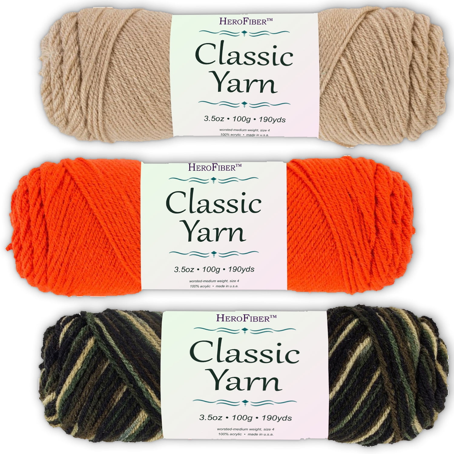 Soft Acrylic Yarn 3Pack, 3.5oz / ball, Brown Tan + Tangerine + Blend