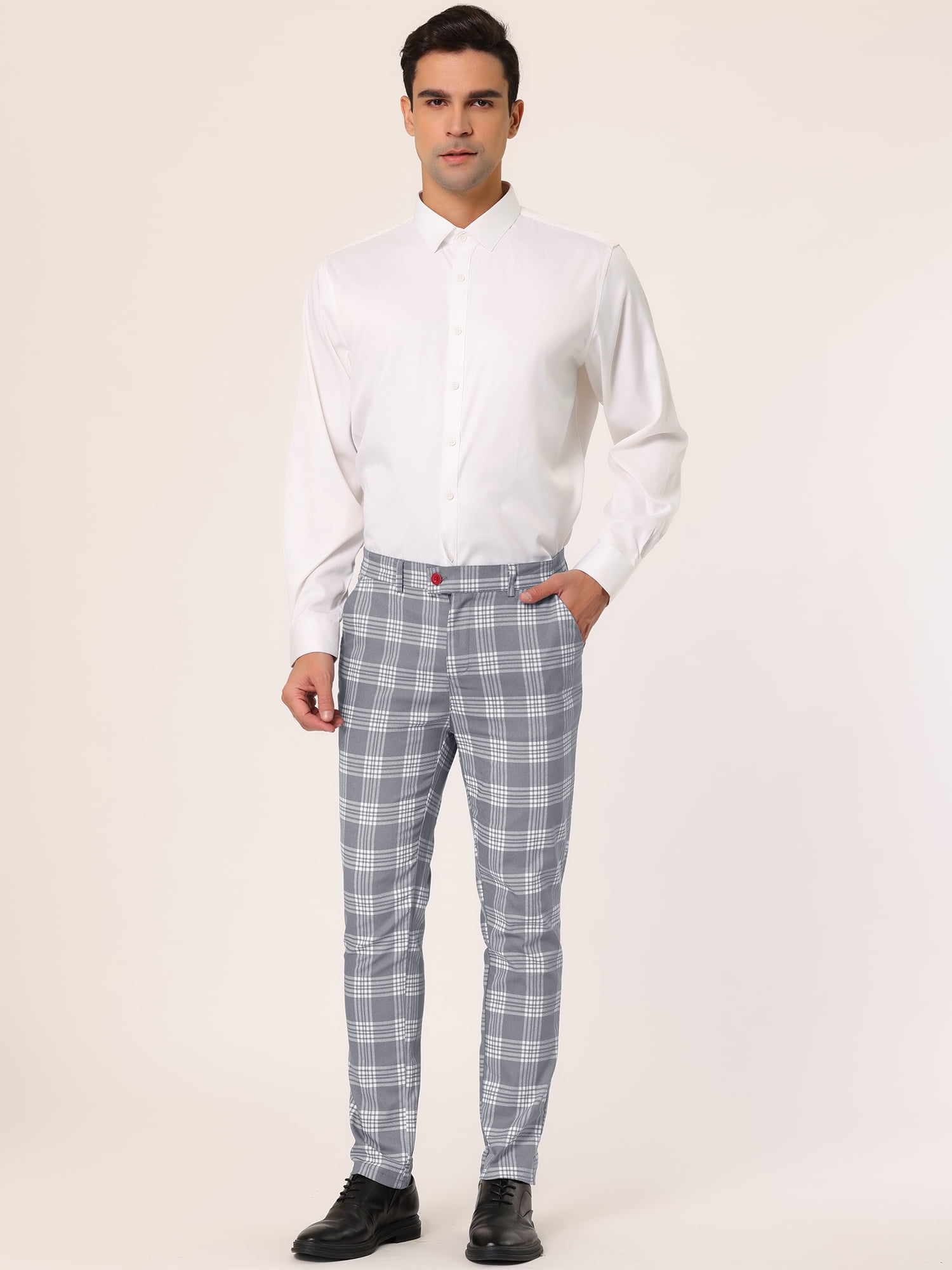 Unique Bargains Men's Plaid Pants Casual Slim Fit Flat Front Skinny Checked Dress Pants 36 Gray
