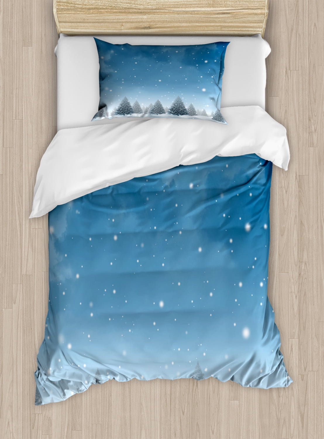 Winter Twin Size Duvet Cover Set, Christmas Inspired Cold Blue Forest