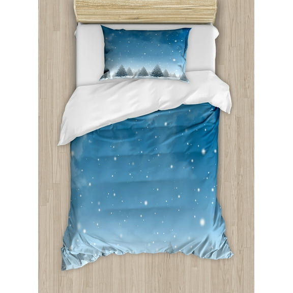 Winter Twin Size Duvet Cover Set, Christmas Inspired Cold Blue Forest of Pine Trees on a Snowing Holiday Night Sky, Decorative 2 Piece Bedding Set with 1 Pillow Sham, Blue White, by Ambesonne
