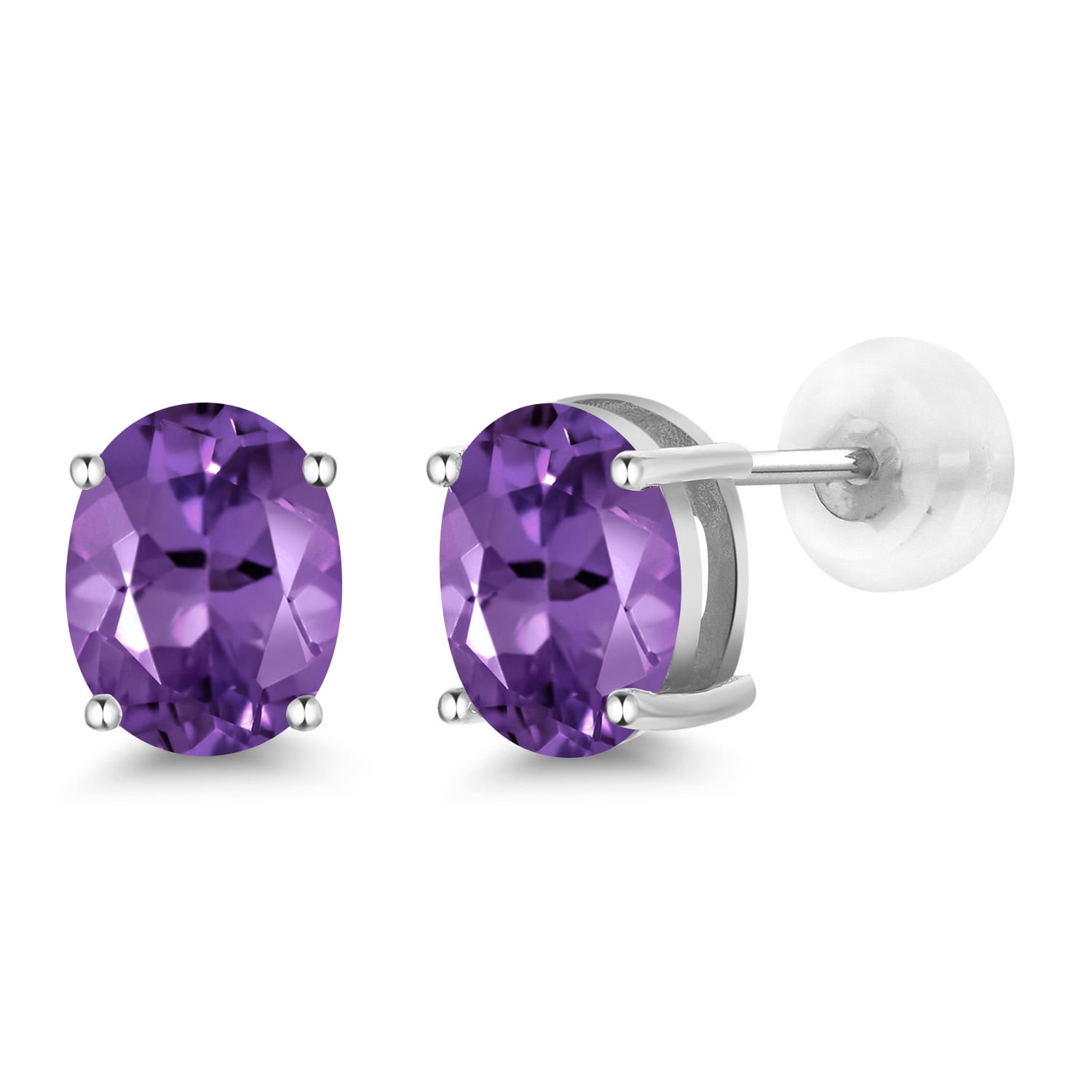 Gem Stone King 14K White Gold Purple Amethyst Women Stud Earrings (2.30 Cttw, Gemstone Birthstone Oval 8X6MM)