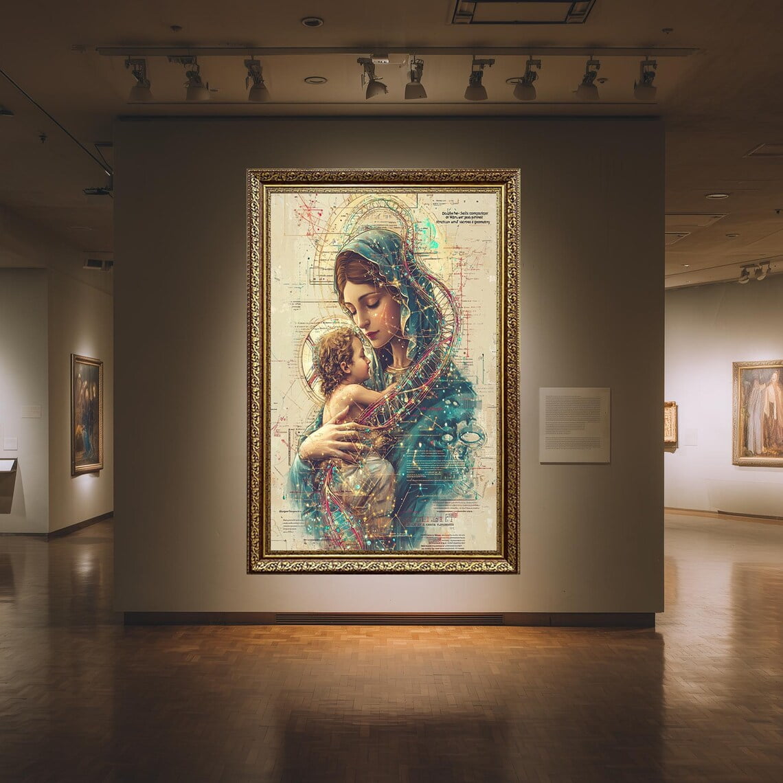 Sacred Mother And Child Print Virgin Mary Jesus Modern Spiritual Art DNA Double Helix Halo Divine Feminine Religious Wall Decor, Unframed Canvas 8x10in