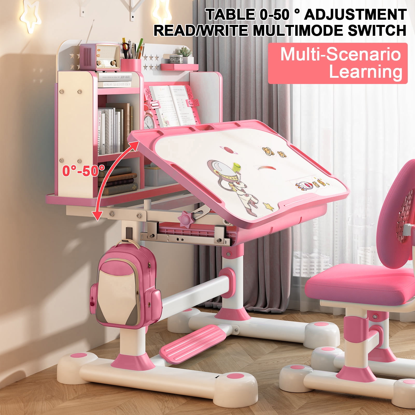 Thehsnt Kids Study Desk Chair Set, Height Adjustable Children School Study Table Chair Set with Sitting Corrector, Ergonomic Desk Chair with Book Stand, Foot Pedal