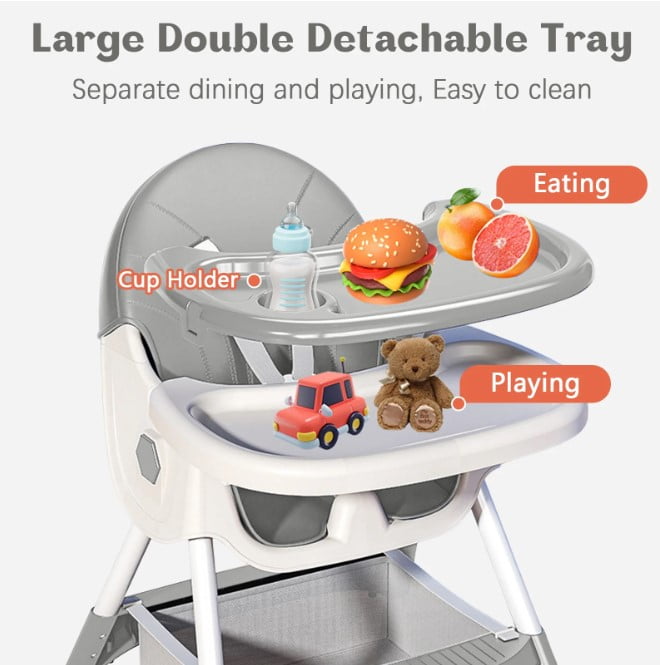 LHUAI, Foldable Baby High Chair, 4 in 1 Convertible High Chairs, With 5-Point Safety Harness, Adjustable Dining Tray & Backrest & Height, Easy To Clean Surface, For Babies And Toddlers, Grey
