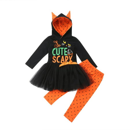 Toddler Kids Baby Boy Girls Princess Halloween Clothes Scary Hooded Top Tutu Dress+Pants 2pcs Outfits Set Cosplay Costume