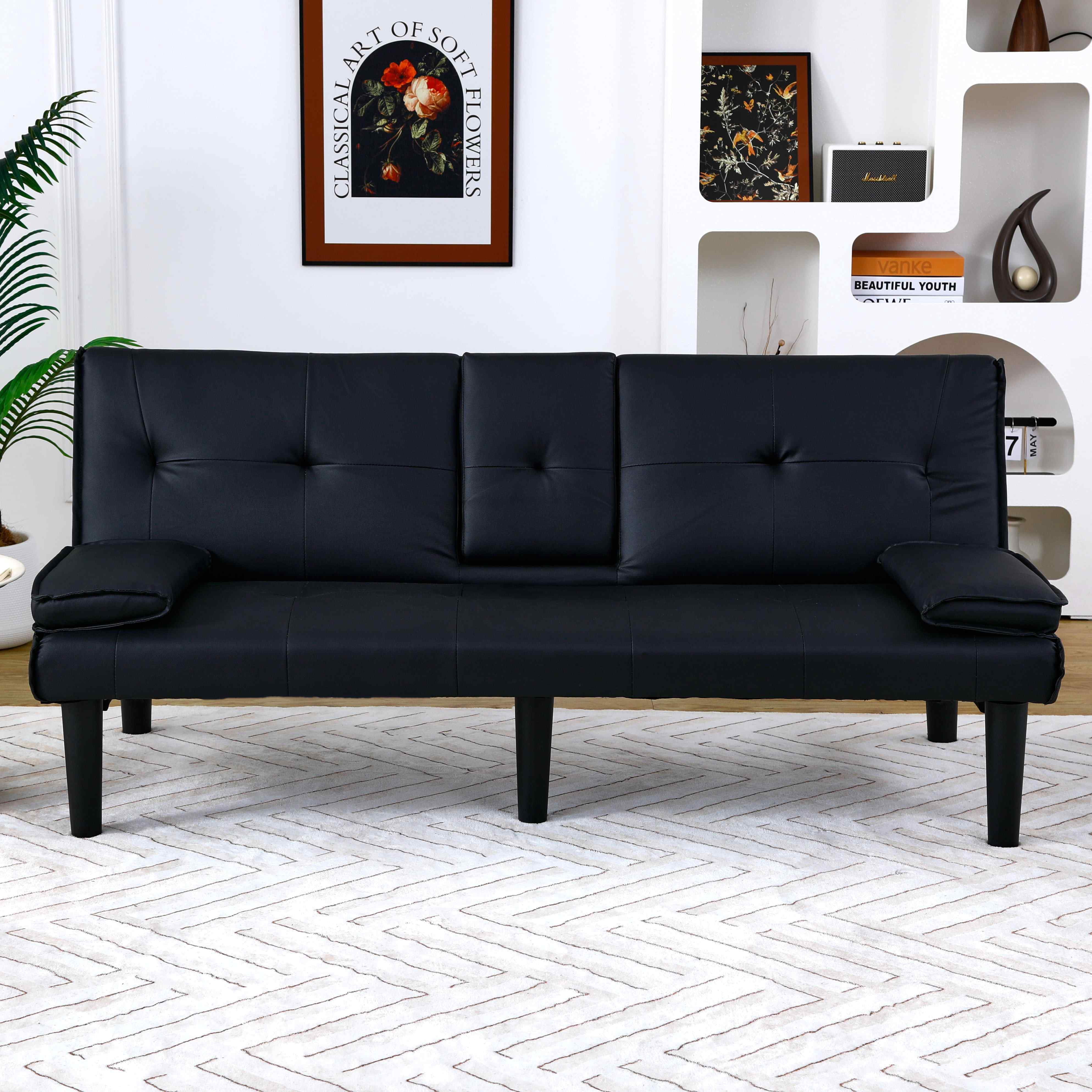 FFH 67" Futon Sofa Bed Loveseat Sleeper with Cup Holders, Folding PVC Couch for Living Room, Black