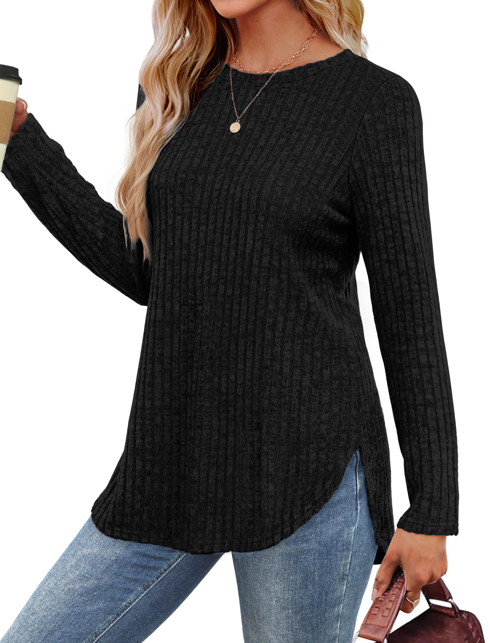 Fantaslook Long Sleeve Shirts for Women Casual Tunic Tops Dressy Crew Neck Pullover Fall Lightweight Sweaters for Women