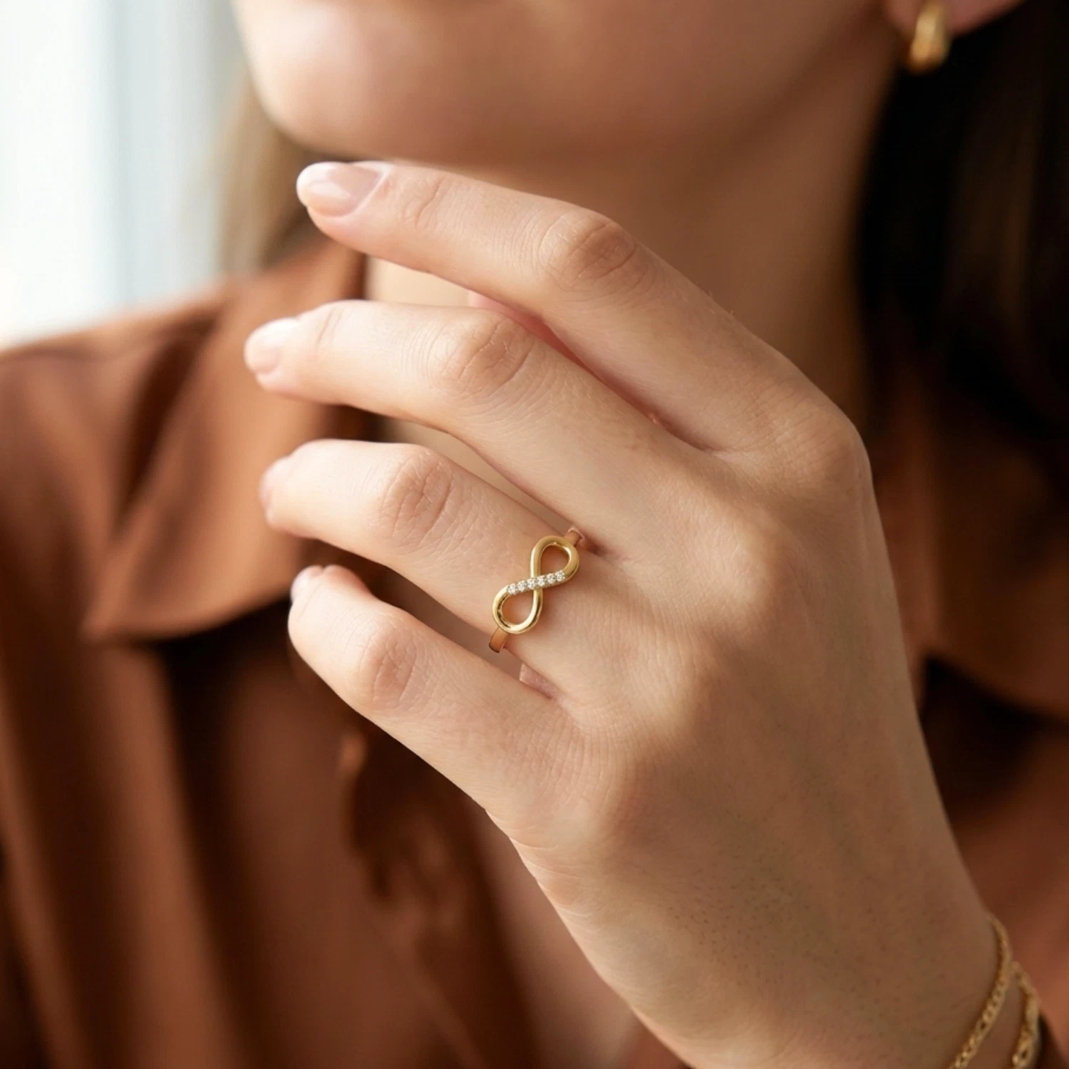 Tilo Jewelry 10K Yellow Gold Infinity Loop Ring with Cubic Zirconia CZ Stones | Size 8 | Women & Unisex