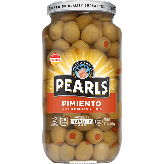 Pearls Pimiento Stuffed Manzanilla Olives, 21 oz. Jar. Major Allergens Not Contained.