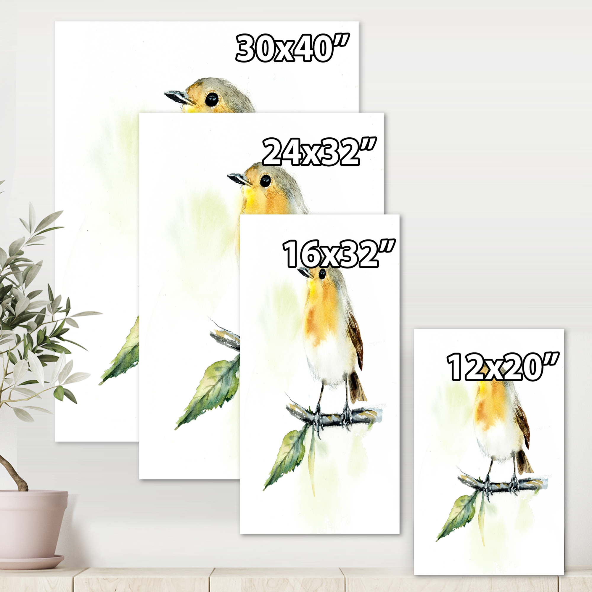 Designart ' Little Robin Bird Sitting On A Branch ' Traditional Canvas Wall Art Print