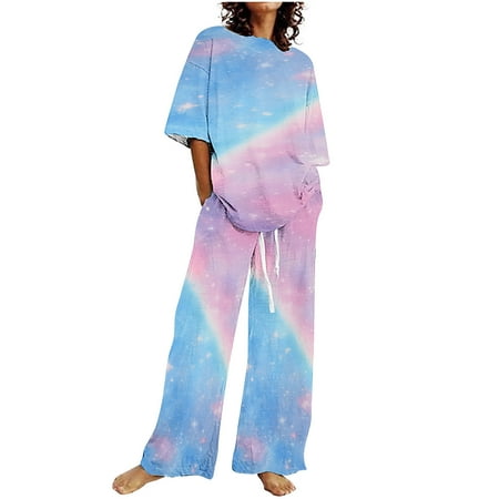 

Wenini Summer Savings Clearance Sets Women s Tie Dye Printed Pajama Sets Sleepwear Round-Neck Short Sleeve Top with Capris Pants Lounge Sets with Pocket # Prime Day Fashion Blue XL