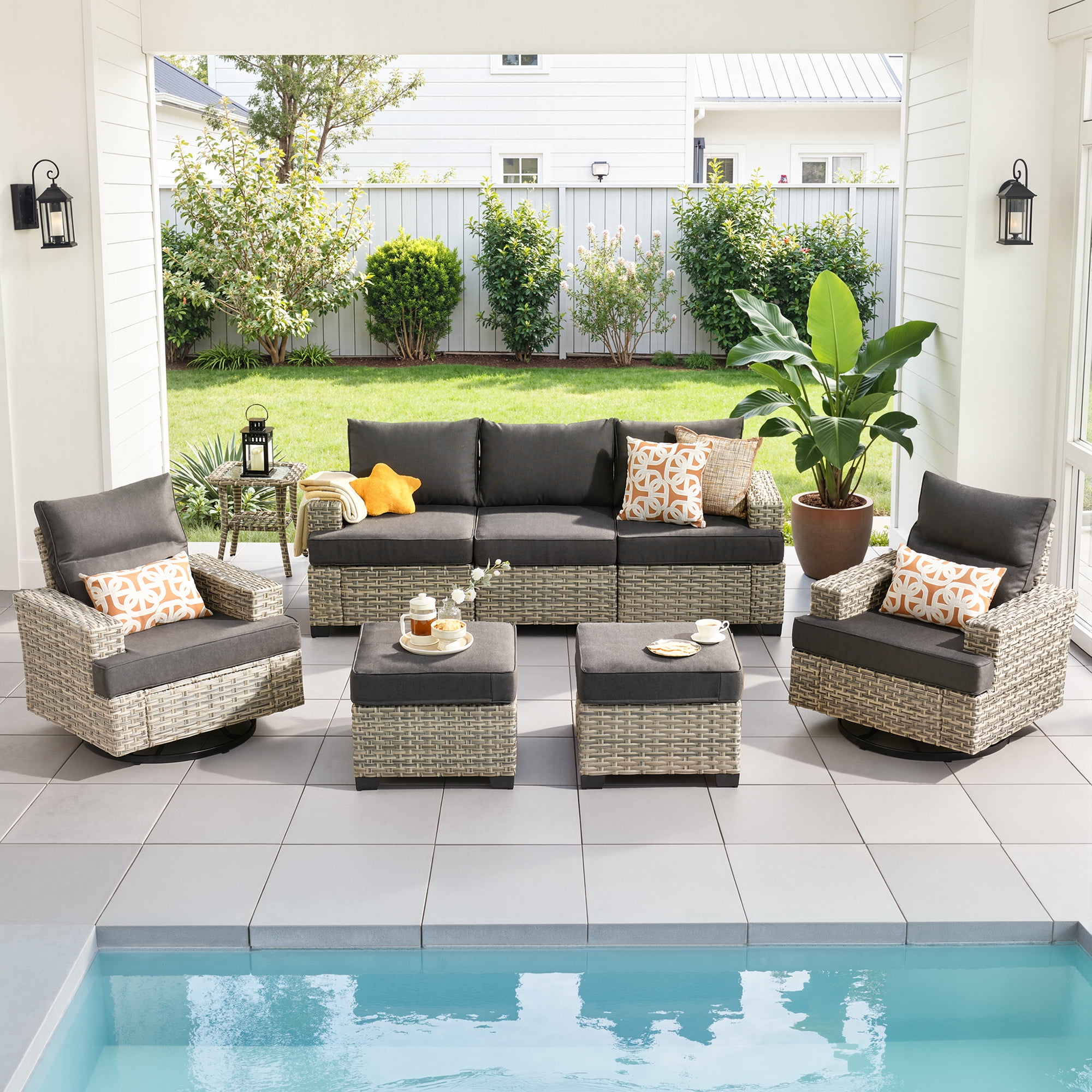 Ovios Patio Furniture Set 8 Pieces Patio Conversation Seating All-Weather Rattan Wicker Outdoor Sectionals with Swivel Rocking Chair for Backyard