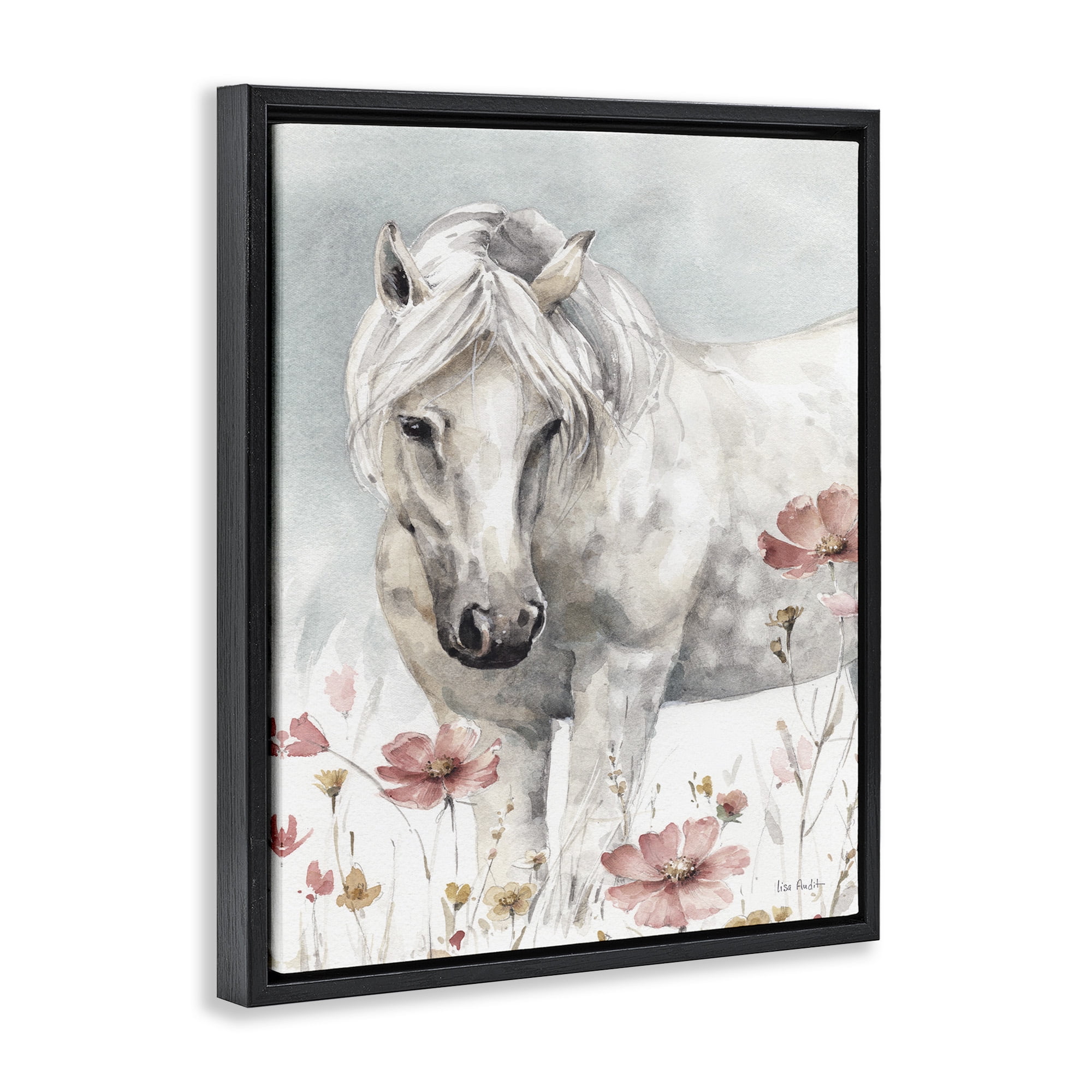 Stupell Industries Horse with Pink Flowers Animals & Insects Painting Black Floater Framed Canvas Art Print Wall Art, 17 x 21