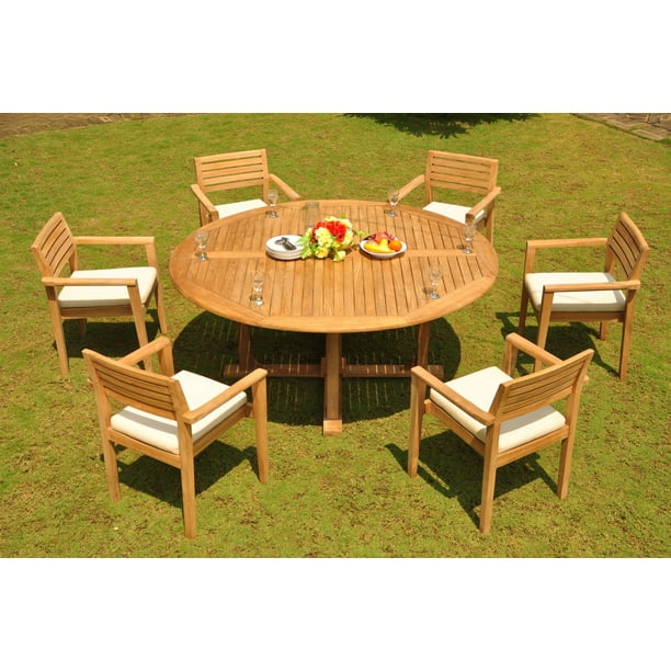 Teak Dining Set 6 Seater 7 Pc 72 Round Table And Montana Stacking Arm Captain Chairs Outdoor Patio Grade A Wood Wholeteak Wmdsmti Com Teak Dining Set 6 Seater 7 Pc 72, Outdoor Round Dining Table And Chairs For 6
